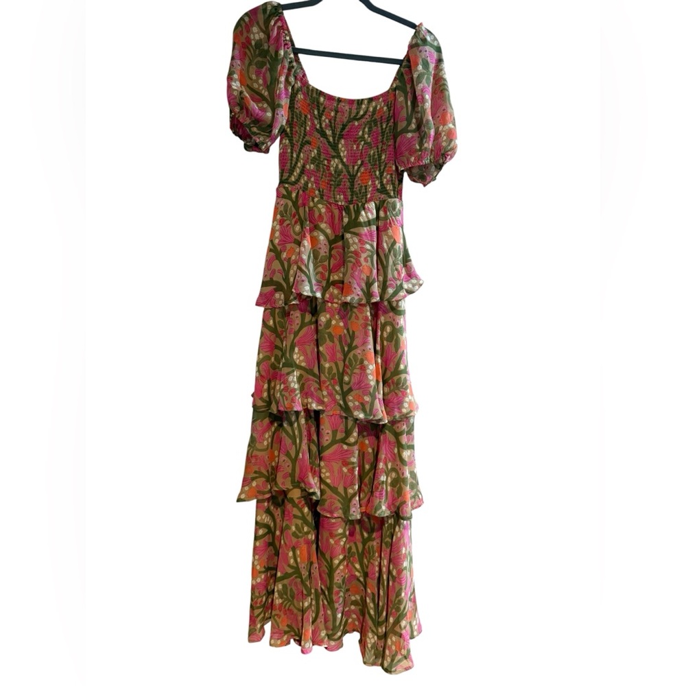 entro Pink and Green Floral Off-Shoulder Tiered Maxi Dress Puff sleeve - Picture 2 of 5